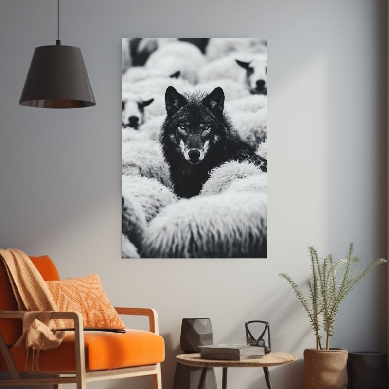 Wolf unter Schafen Wandbild Schwarz-Weiß