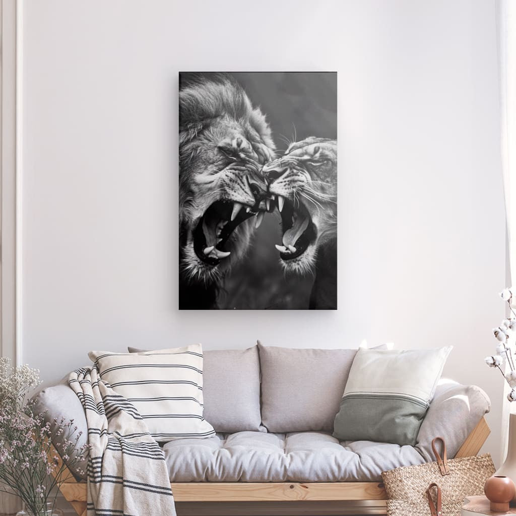 Wandbild Löwe und Löwin Brüllend Schwarz und Weiß