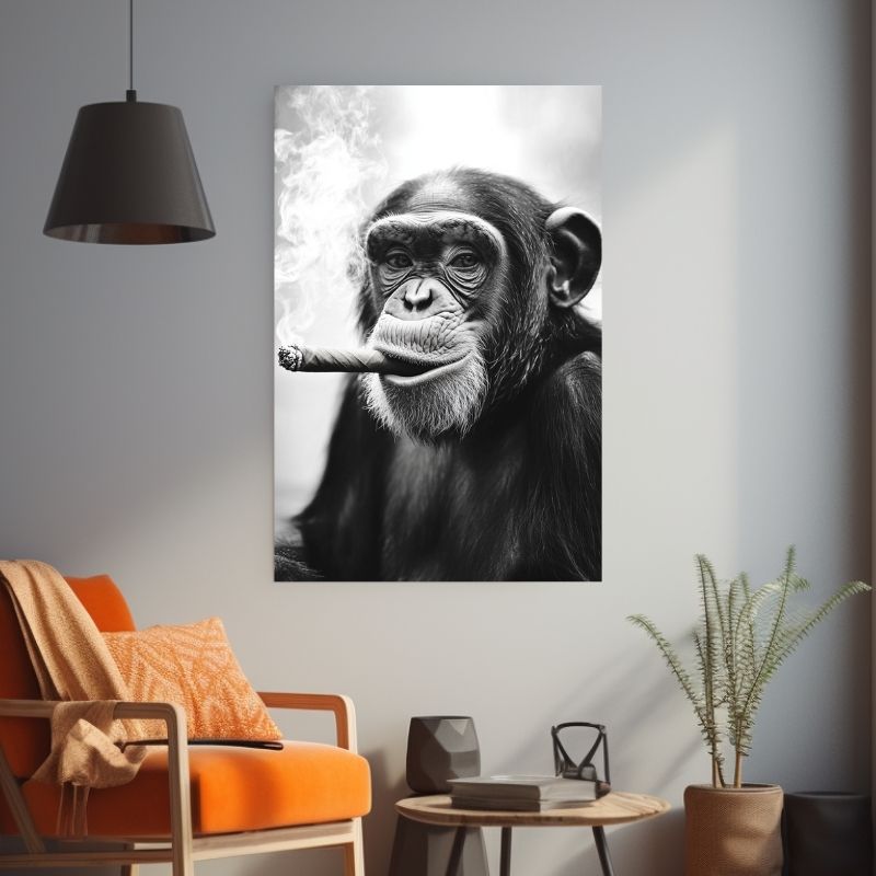 Cigar Monkey Black & White Canvas