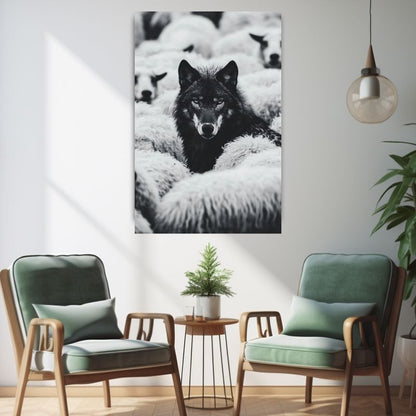 Wolf unter Schafen Wandbild Schwarz-Weiß