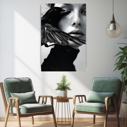 Mädchen und Rabe Wandbild Schwarz-Weiß
