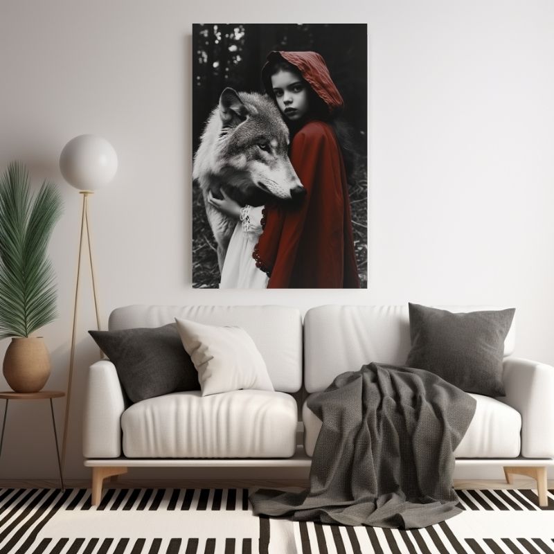 Girl and Wolf Black & White Canvas