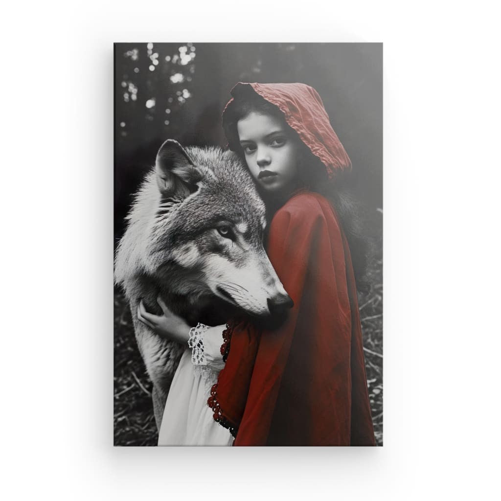 Girl and Wolf Black & White Canvas