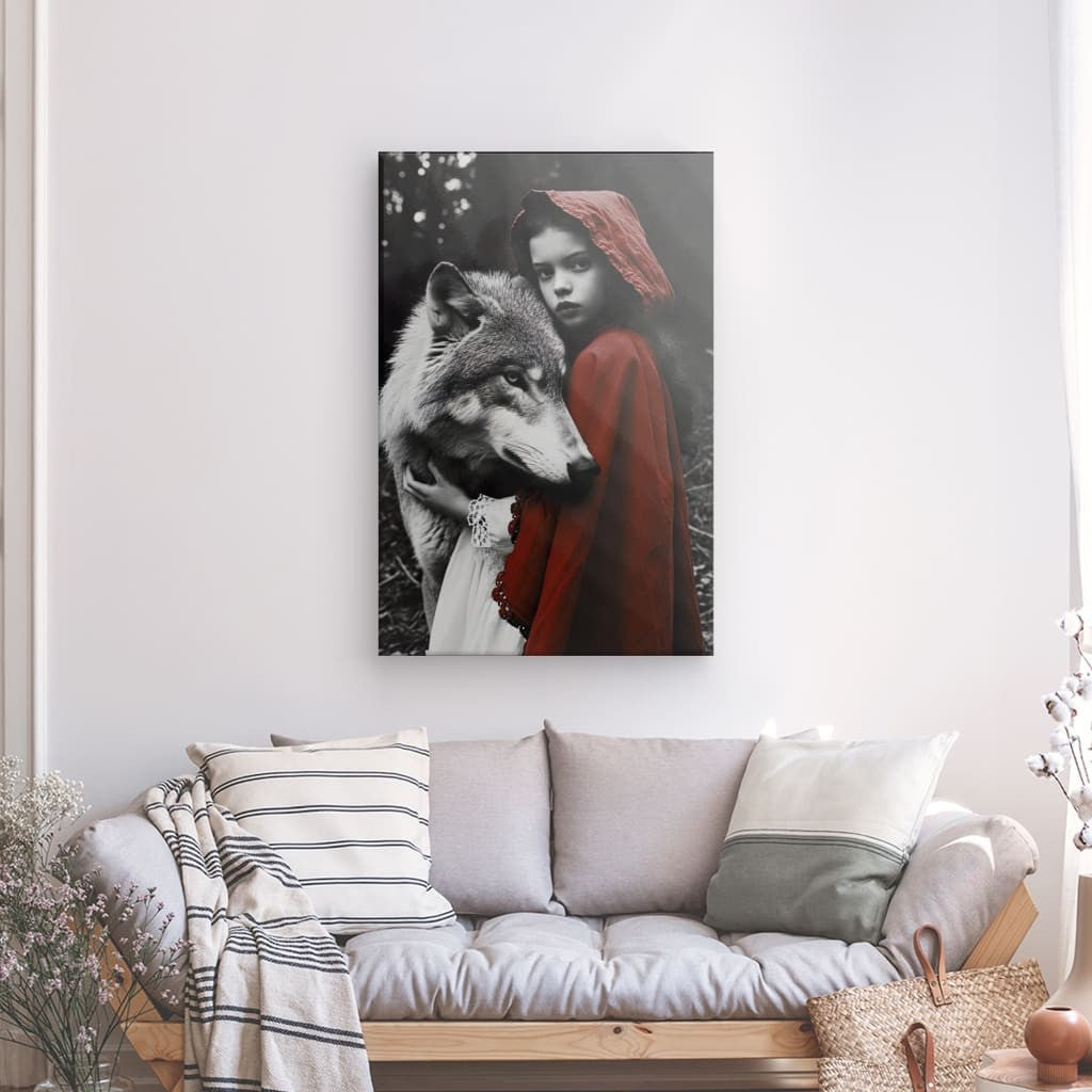 Girl and Wolf Black & White Canvas